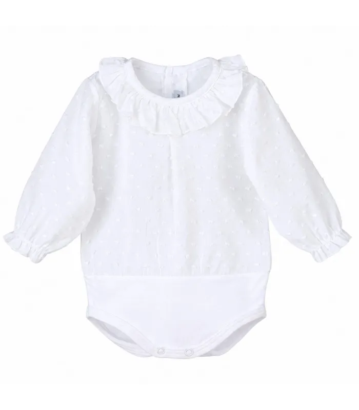 Body camisa para bebé blanco de algodón con tejido plumeti, cuello volante y manga larga Calamaro, foto catalogo.