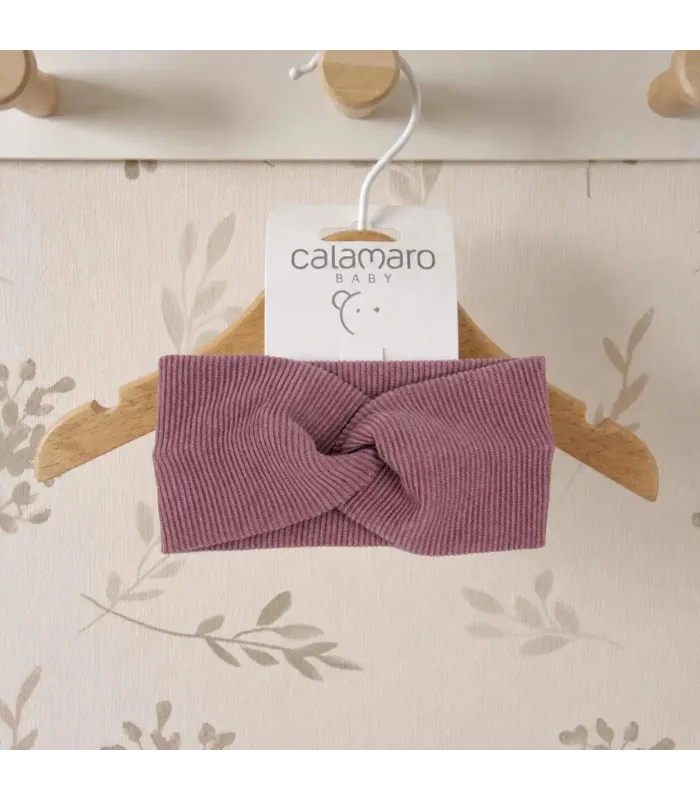 Turbante bebé berenjena canalé algodón elástico nudo frontal invierno