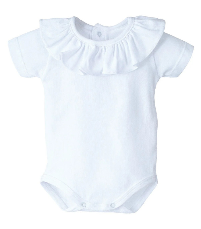 body bebé blanco cuello volante amplio algodón suave detalle verano elegante, foto catalogo.