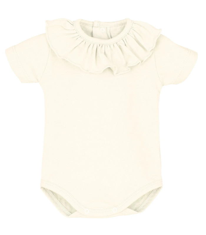 body bebé crudo cuello volante fruncido algodón suave elástico detalle verano, foto catalogo.