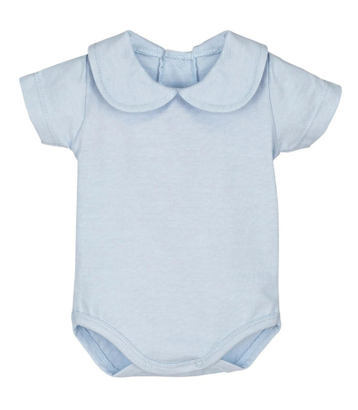 body bebé azul empolvado cuello bebé redondo algodón elástico detalle verano, foto catalogo.