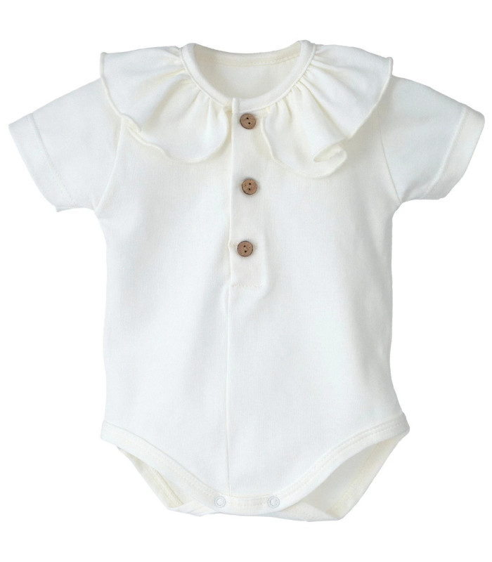 body bebé crudo cuello polo botones algodón suave detalle verano natural elegante, foto catalogo.