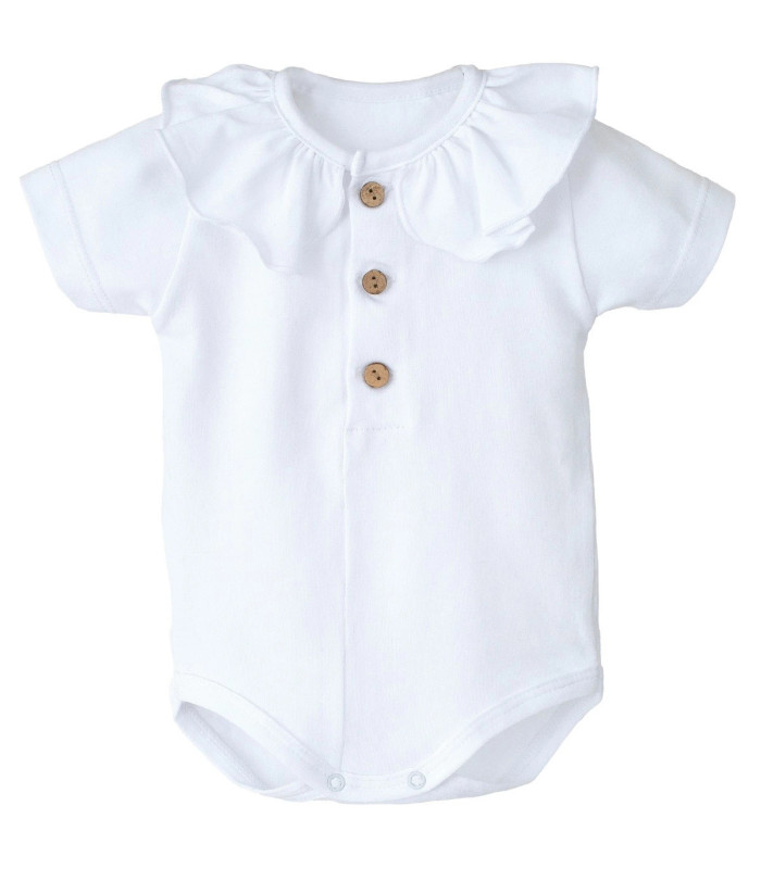 body bebé blanco cuello polo botones algodón suave detalle verano clásico elegante, foto catalogo.