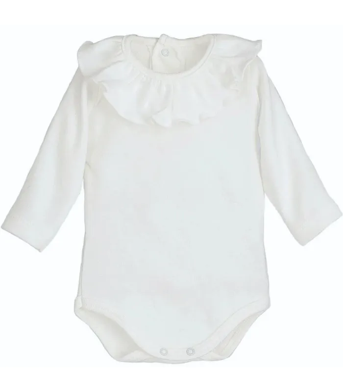 body bebé blanco volante manga larga algodón elastano elegante cómodo, foto catalogo.