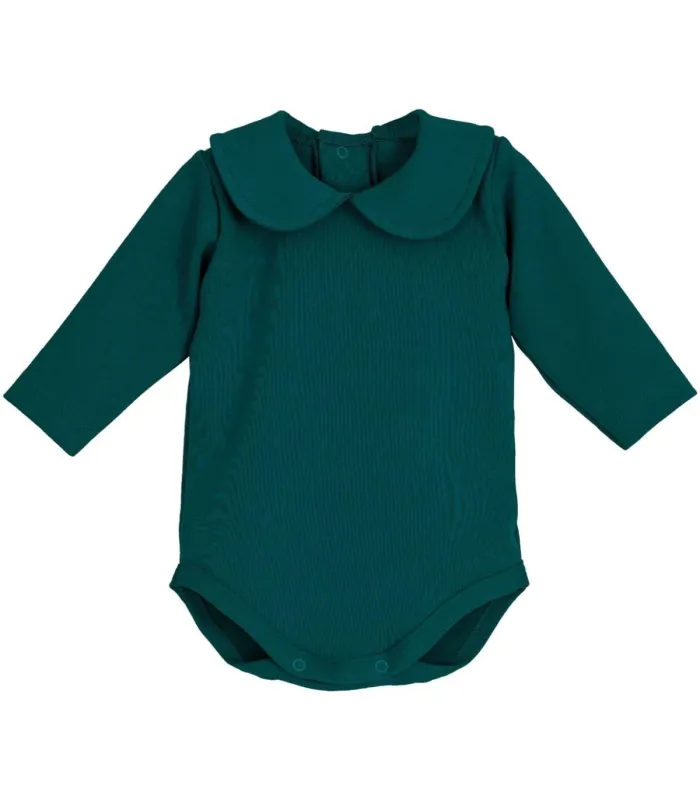 body bebé verde cuello clásico manga larga algodón elastano elegante cómodo, foto catalogo