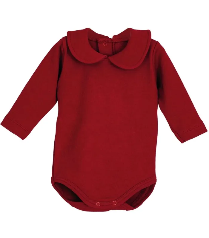 body bebé granate cuello clásico manga larga algodón elastano elegante cómodo, foto catalogo.