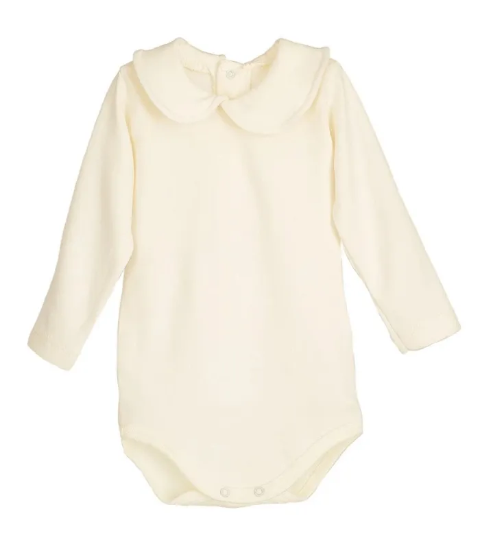 body bebé crudo cuello clásico manga larga algodón elastano elegante cómodo, foto catalogo.