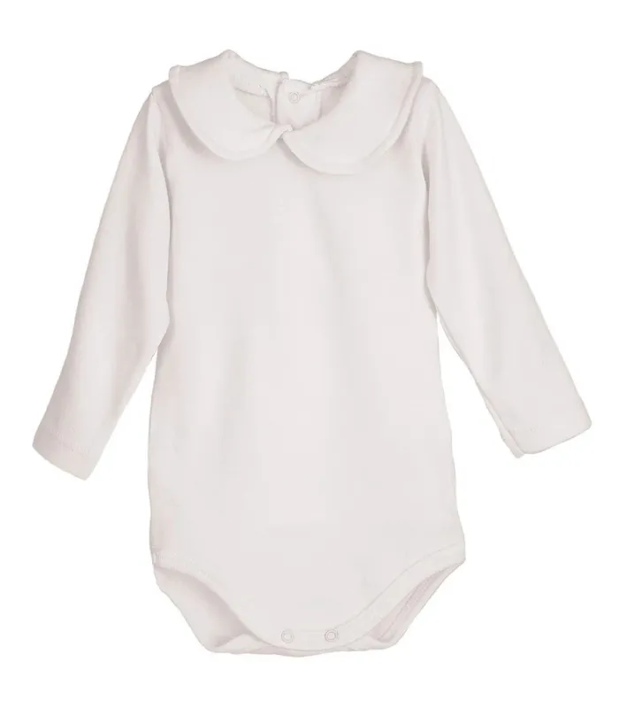 body bebé blanco cuello clásico manga larga algodón elastano elegante cómo, foto catalogo.