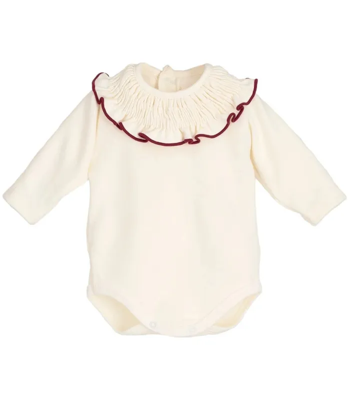 body bebé granate volante ribete manga larga algodón elastano elegante cómodo