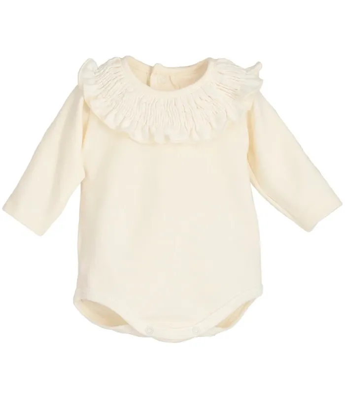 body bebé crudo volante ribete manga larga algodón elastano elegante cómodo, foto catalogo.