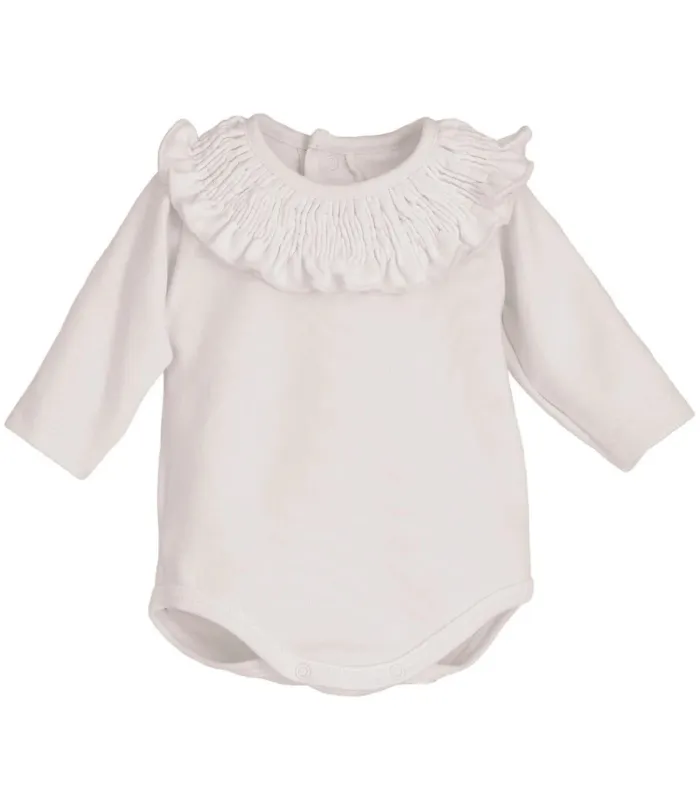 body bebé blanco volante ribete manga larga algodón elastano elegante cómodo, foto catalogo.