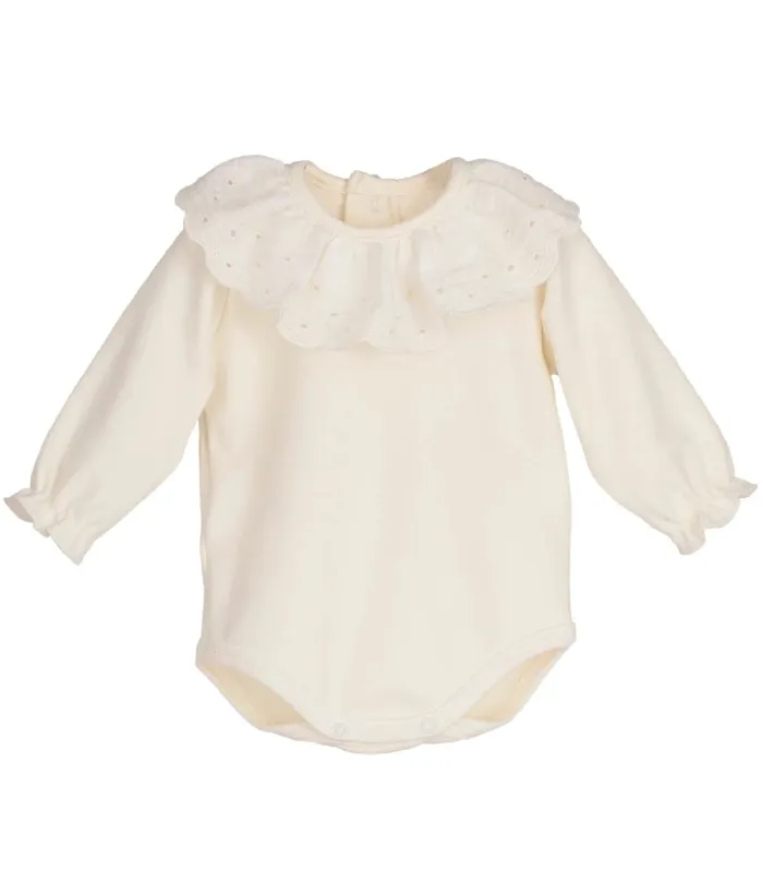 body bebé crudo volante bordado manga larga algodón elastano elegante cómodo, foto catalogo.