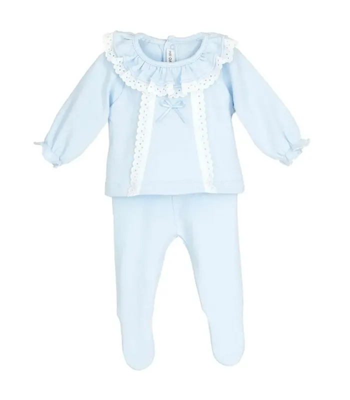 Conjunto polaina bebé celeste Calamaro con cuello volante bordado, puntilla decorativa y lazo