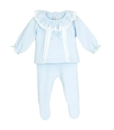 Conjunto polaina bebé celeste Calamaro con cuello volante bordado, puntilla decorativa y lazo