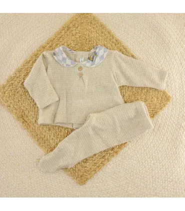 Conjunto polaina bebé beige Calamaro Mistral con jersey de punto, cuello estampado azul y beige y botones decorativos