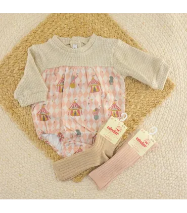 Pelele bebé rosa Calamaro Mistral con cuerpo estampado y parte superior de punto beige