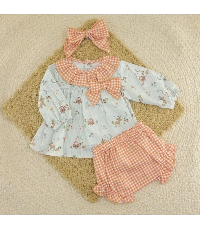 Jesusito bebé verde Calamaro Simún de algodón con estampado infantil, cuello vichy coral y braguita a juego