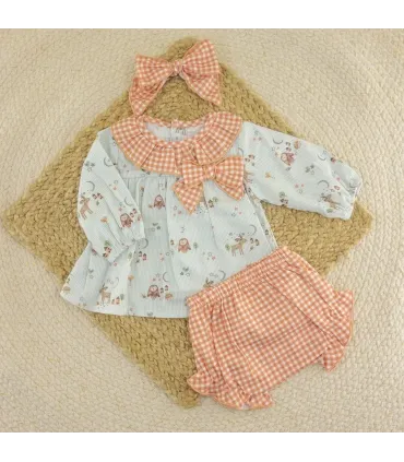 Jesusito bebé verde Calamaro Simún de algodón con estampado infantil, cuello vichy coral y braguita a juego