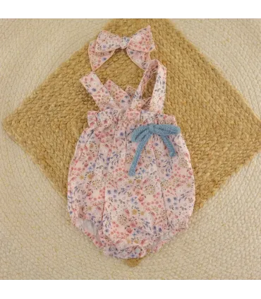 Peto bebé niña rosa Calamaro Poniente de algodón con estampado floral y lazo azul