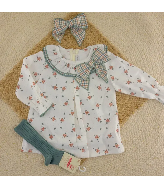 Vestido niña arena Calamaro Shamsin de algodón con estampado floral, cuello estampado y lazo de cuadros