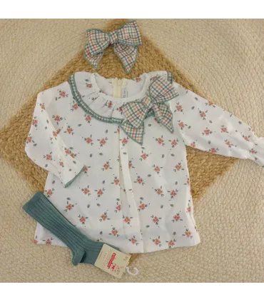 Vestido niña arena Calamaro Shamsin de algodón con estampado floral, cuello estampado y lazo de cuadros