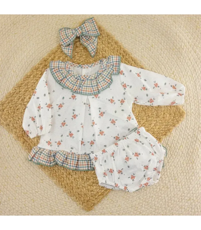 Jesusito bebé niña arena Calamaro Shamsin de algodón con estampado floral, cuello de cuadros y braguita