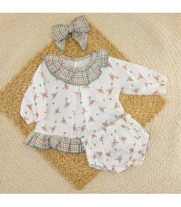 Jesusito bebé niña arena Calamaro Shamsin de algodón con estampado floral, cuello de cuadros y braguita