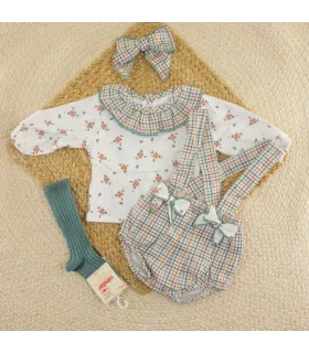 Conjunto pololo niña arena Calamaro Shamsin de algodón con cuadros, cuello volante y lazos decorativos