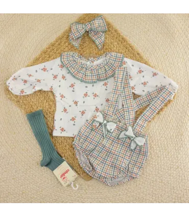 Conjunto pololo niña arena Calamaro Shamsin de algodón con cuadros, cuello volante y lazos decorativos