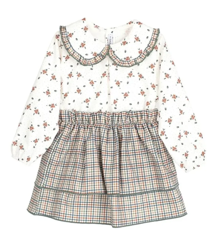 Conjunto falda niña arena Calamaro Shamsin de algodón con blusa floral y falda de cuadros