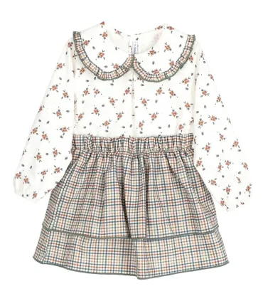 Conjunto falda niña arena Calamaro Shamsin de algodón con blusa floral y falda de cuadros