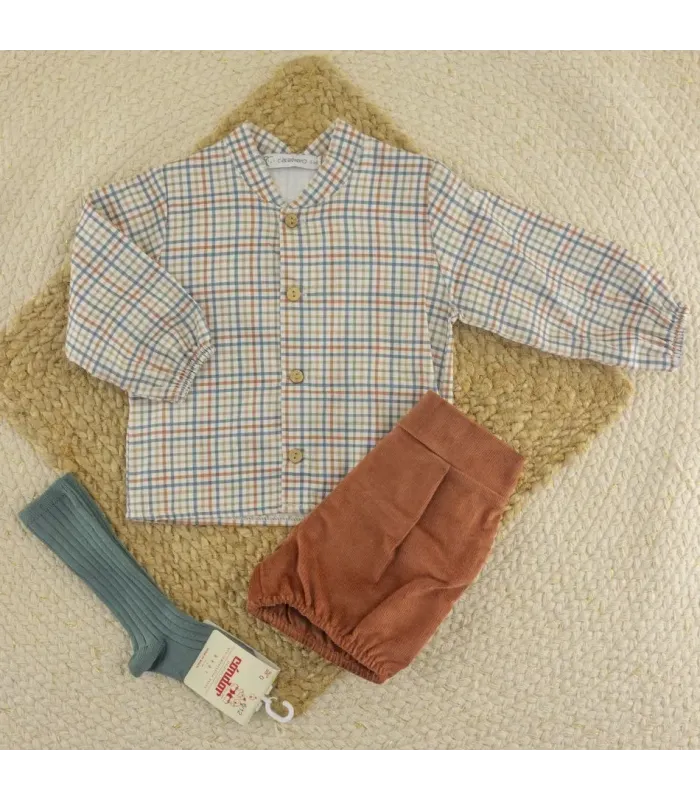 Conjunto pantalón bebé niño arena Calamaro Chamsin de algodón con camisa de cuadros y pantalón marrón