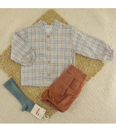 Conjunto pantalón niño arena Calamaro Chamsin de algodón con camisa de cuadros y pantalón marrón