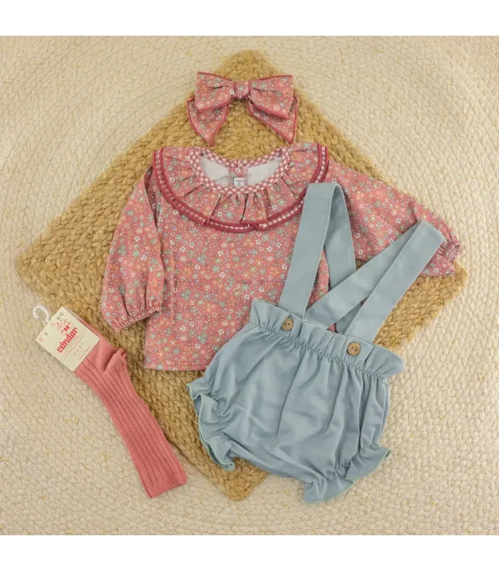Conjunto pololo niña terracota Calamaro Siroco con blusa floral y pololo verde agua