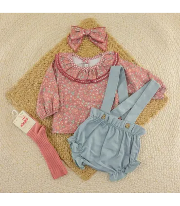 Conjunto pololo niña terracota Calamaro Siroco con blusa floral y pololo verde agua