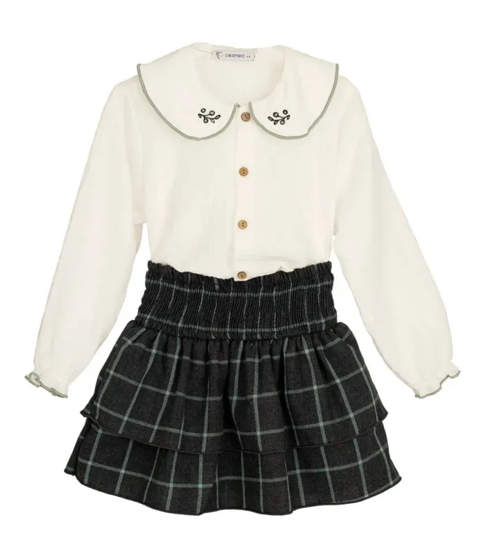 Conjunto falda niña mint 100% algodón blusa cuello bebé y falda cuadros