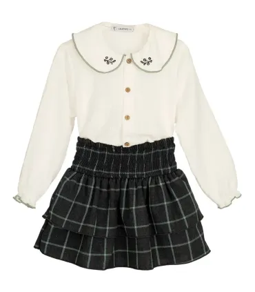 Conjunto falda niña mint 100% algodón blusa cuello bebé y falda cuadros