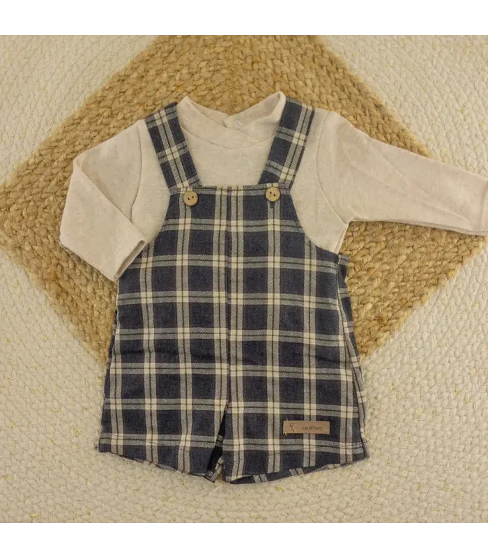 Conjunto peto bebé arena 100% algodón cuadros y camiseta manga larga