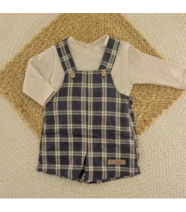 Conjunto peto bebé arena 100% algodón cuadros y camiseta manga larga