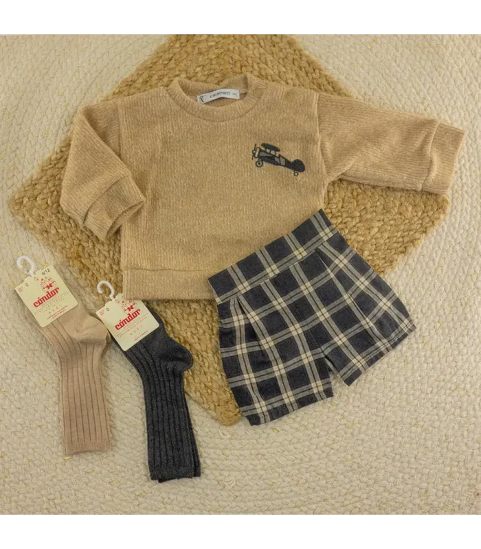 Conjunto pololo bebé arena jersey de punto y pololo cuadros tonos oscuros
