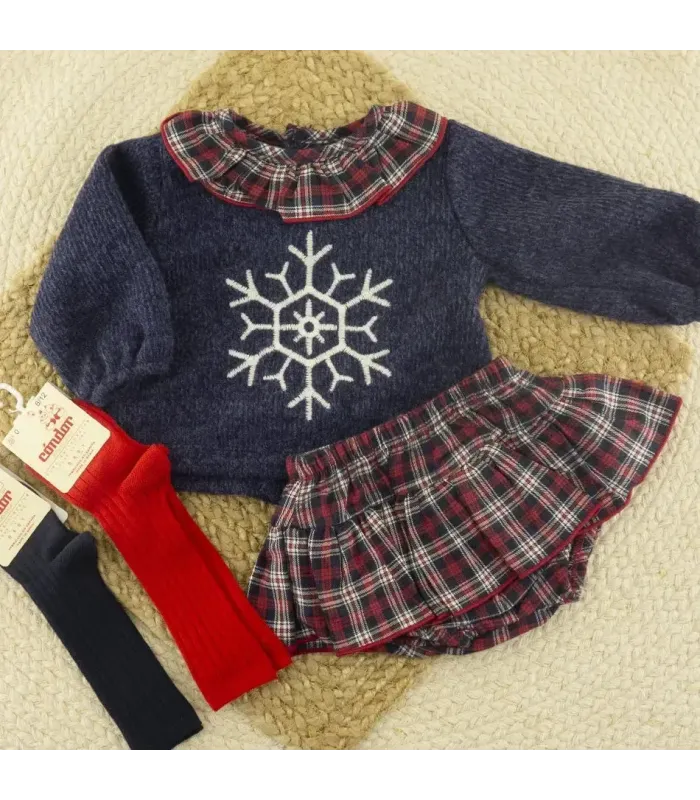 Conjunto pololo bebé marino Navidad 100% algodón jersey copo de nieve y cuadros