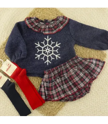 Conjunto pololo bebé marino Navidad 100% algodón jersey copo de nieve y cuadros