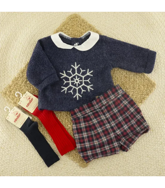Conjunto pantalón bebé marino Navidad jersey copo de nieve y pantalón cuadros