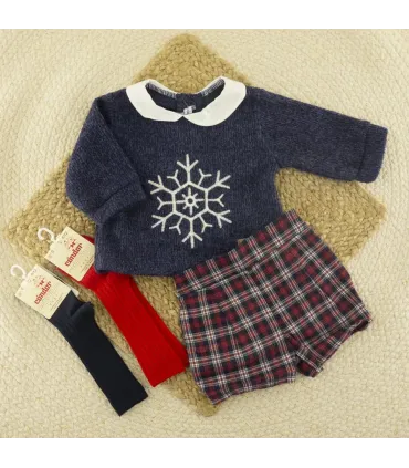 Conjunto pantalón bebé marino Navidad jersey copo de nieve y pantalón cuadros