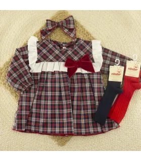 Vestido bebé marino 100% algodón cuadros rojos con volante y lazo