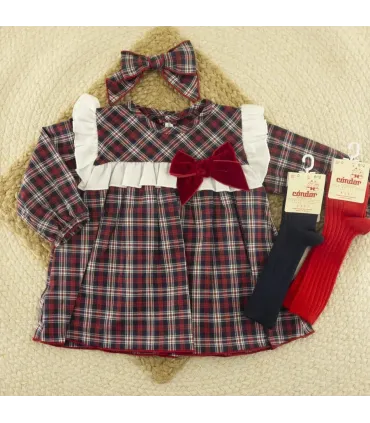 Vestido bebé marino 100% algodón cuadros rojos con volante y lazo