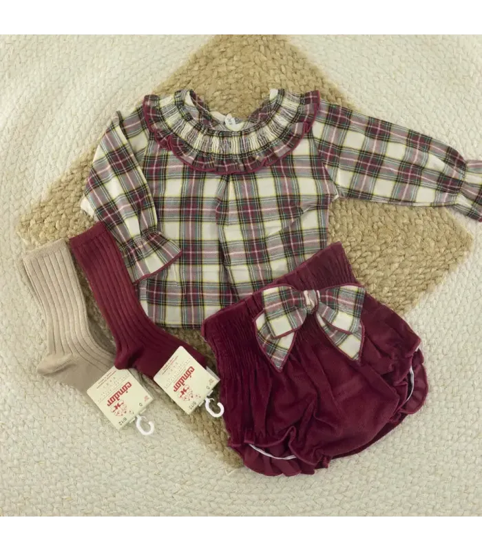 Conjunto pololo bebé niña granate Boreas 100% algodón cuadros y lazo