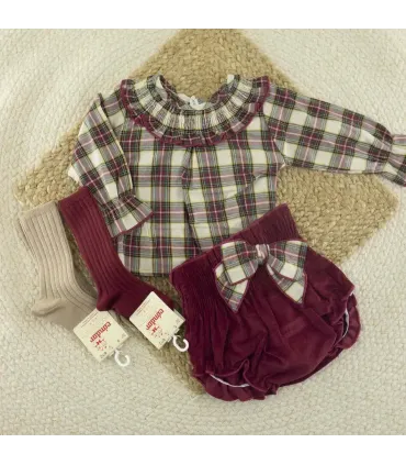 Conjunto pololo bebé niña granate Boreas 100% algodón cuadros y lazo