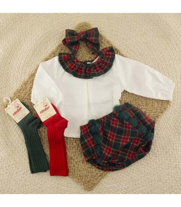 Conjunto pololo bebé niña verde Galerna 100% algodón blusa cruda y pololo cuadros