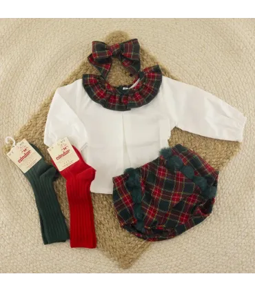 Conjunto pololo bebé niña verde Galerna 100% algodón blusa cruda y pololo cuadros